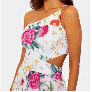 Pleated One-Shoulder Floral Print Cutout Maxi Dress